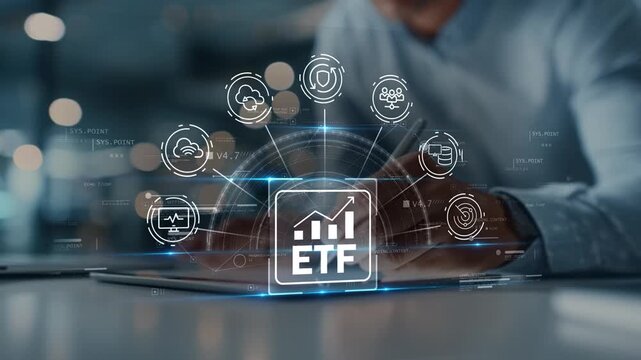 Passive ETF investing with digital investment platform, cloud infrastructure, automation, business analytics and financial technology icons supporting portfolio optimization and wealth growth