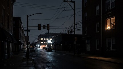 Fototapeta premium Lonely person stands silhouetted in a glowing apartment window overlooking a dark quiet city street