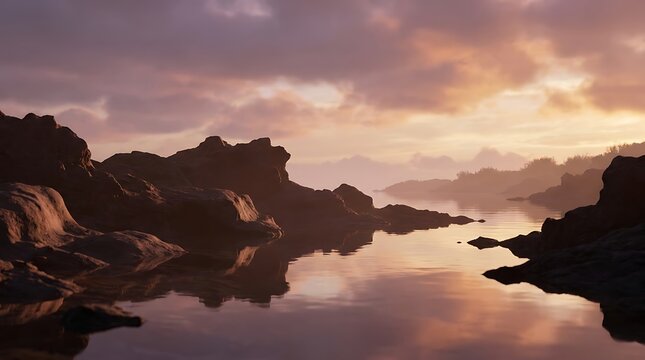 Dark and moody rocky shoreline at dusk with calm water
