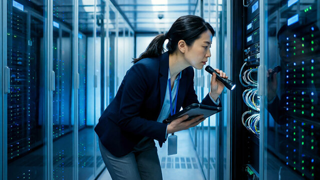 身をかがめて懐中電灯でサーバーの配線を点検するデータセンターの女性技術者
