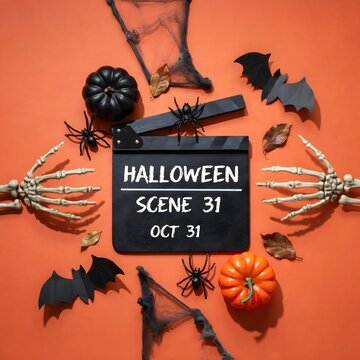 Halloween movie production concept with clapperboard surrounded by spooky skeleton hands black and orange pumpkins spiders and bat silhouettes