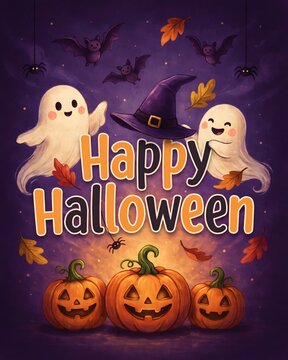 Festive halloween illustration spooky ghosts jack o' lanterns bats and a witch's hat for autumn celebrations