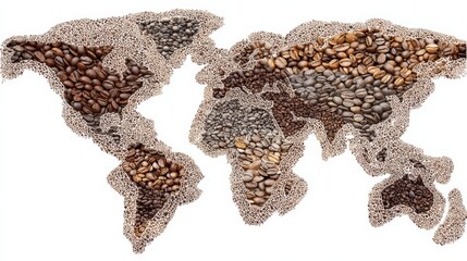 Obraz premium World Map of Coffee Beans: An artistic representation of the world map created entirely from various coffee beans, showcasing a global appreciation for this beloved beverage.