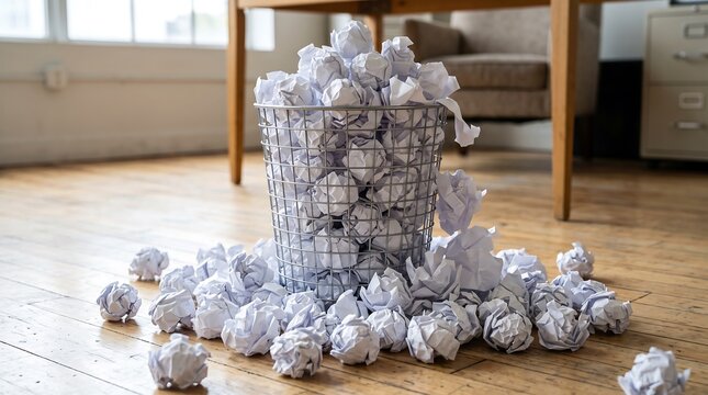 Metal wastebasket overflowing with many crumpled white paper balls sitting on a wooden office floor