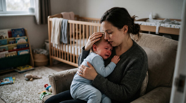 Maternal Comfort: A mother tenderly cradles her crying infant, offering solace and reassurance in the quiet intimacy of a nursery, a moment of gentle connection and unconditional love.