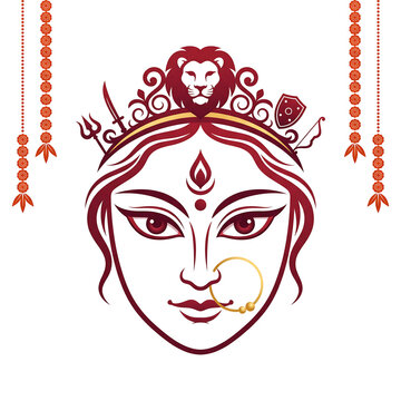 Create a minimalist modern Goddess Durga face illustration with maroon lines, lion crown, and weapons motifs on pure white background