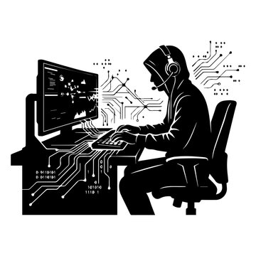 Cyber Security Specialist Hacker or Programmer Silhouette Working at Computer Desk with Circuit Patterns Vector Illustration