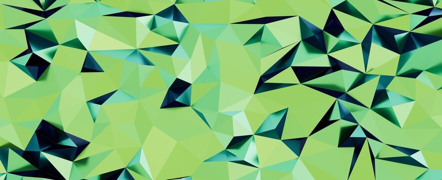 Dynamic geometric pattern with low poly shapes and a vibrant green color palette.
