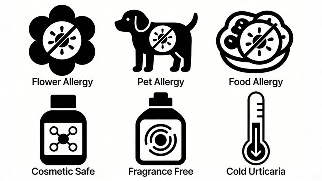 Different allergen classification icons cover three types of allergies to flowers, pets, and food. The fragrance free formula is suitable for cold urticaria and sensitive skin care
