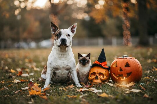 Festive halloween scene dog cat skull and pumpkin for autumn holiday decorations and pet costumes