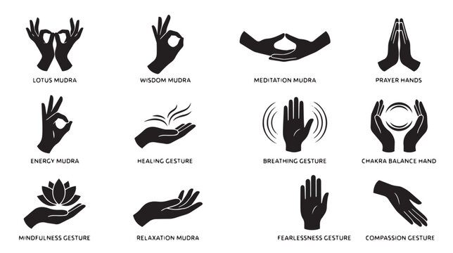 Yoga mudra hand gestures set, black silhouette meditation icons for healing and mindfulness, 12 spiritual chakra balance and prayer hand vector elements