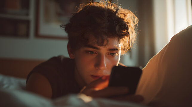 young adult scrolling smartphone in bed
