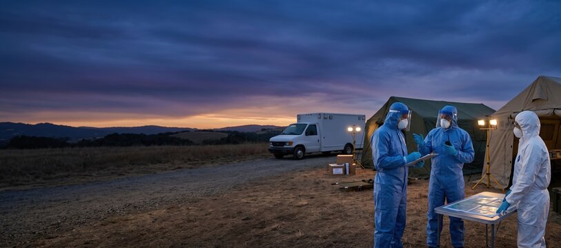 Public health emergency team planning at outdoor field command center at dusk