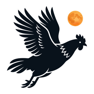 Minimalist graphic vector illustration of a black rooster bird soaring through the night air near a glowing yellow full moon on a white background