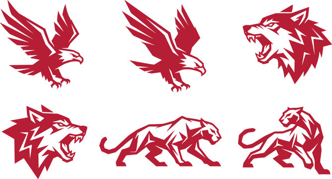 Powerful red predator mascot logo set featuring aggressive geometric eagles wolves and panthers isolated on a clean white background