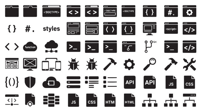 Software development icons set, web programming and coding symbols vector, black solid UI elements for computer engineering and data science