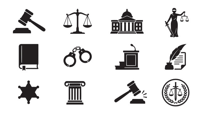 Law and justice icon set, 12 black legal vector symbols, courtroom gavel and scales of justice icons, criminal law and judicial system elements
