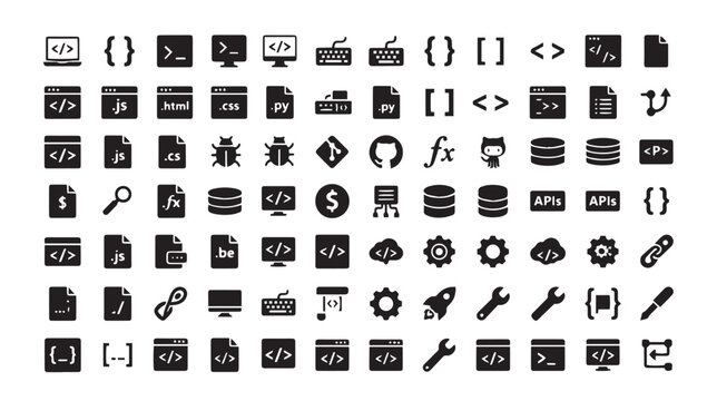 Software programming icons set, black coding and web development vector symbols, 77 computer engineering and data science glyphs for UI design