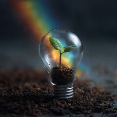 Obraz premium A small green plant growing inside a light bulb with rainbow light effect.