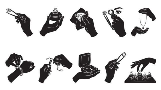Jewelry making and repair icons set, black silhouette hands working with diamonds and gemstones, 10 vector elements for goldsmith workshop