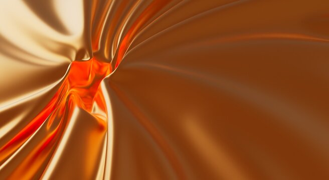 Luxurious flowing golden fabric with abstract folds and deep orange glow highlights.