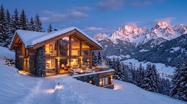 Winter mountain chalet snow scene mountain view ski resort vacation rental luxury home alpine retreat
