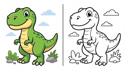 Obraz premium Cartoon Tyrannosaurus Coloring Page with Colored Example and Black Outline Vector Illustration