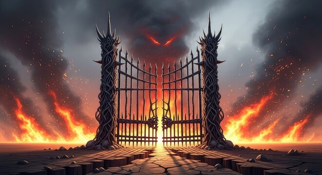 Towering spiked iron gates emerge from parched earth in a desolate wasteland while intense firestorms swirl in a terrifying hellscape, ground, desolate, scary