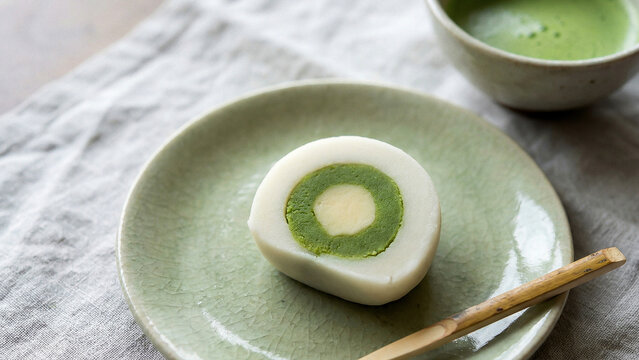 青磁の皿にのせた抹茶入りの和菓子 竹の菓子楊枝と抹茶