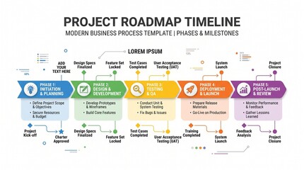 Obraz premium Project Roadmap Timeline Infographic, Business Process Template with Phases and Milestones