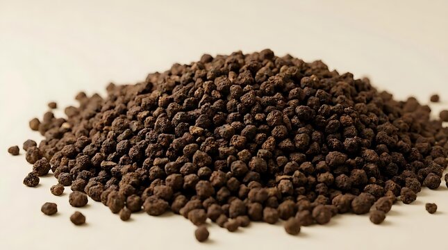 A close-up studio shot of a pile of raw ctc tea leaves arranged on a plain light background, highlighting the uniform granular texture of the dried tea.