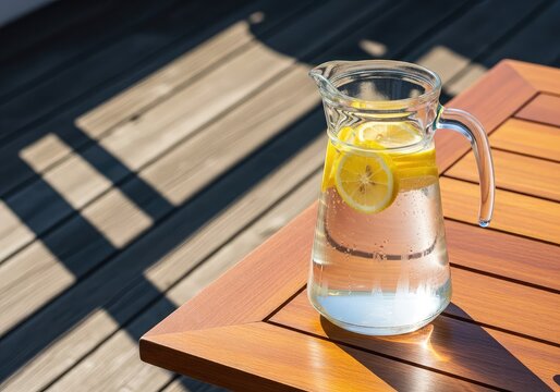 Tarde calurosa en terraza con muebles de madera, sombras alargadas bajo el sol intenso y una jarra de agua fresca con rodajas de limon, vaso, clima, exterior