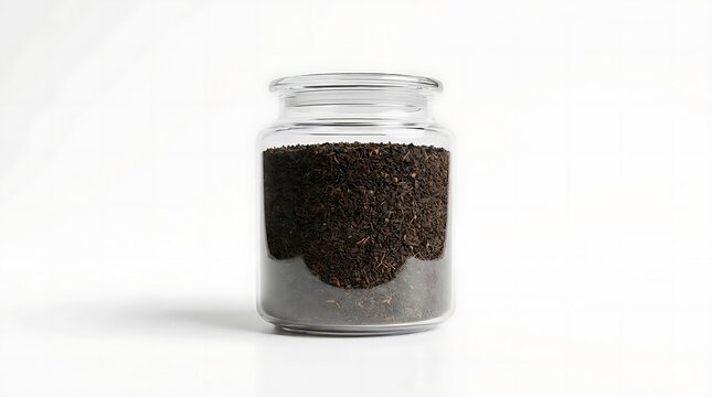 A clear glass jar filled with granular ctc tea isolated on a white background, demonstrating a minimalist storage solution for dry black tea leaves