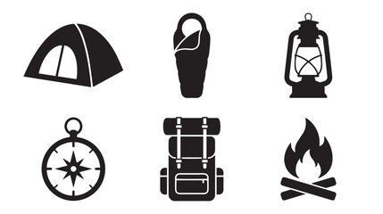 Camping icons set with tent and campfire, outdoor adventure equipment vector collection, black silhouette hiking gear for nature travel maps © Naveed
