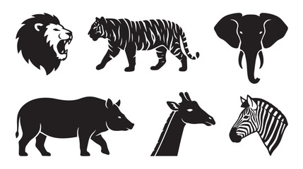 African safari animal silhouettes set of 6 vector icons, black wild animal illustrations including lion tiger elephant rhino giraffe and zebra © Naveed
