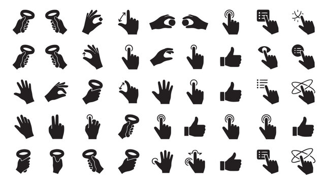 Virtual reality hand gestures and VR controller icons set, 45 black silhouette hand signs, interactive touch screen and gaming interface elements