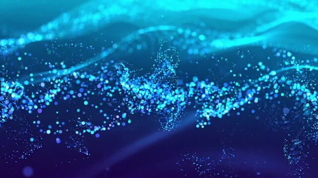 Luminous Blue Particles Rippling in Abstract Fluid Motion with Depth of Field Bokeh Background