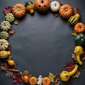 Festive halloween pumpkin and squash arrangement with autumn leaves a spooky seasonal decor concept