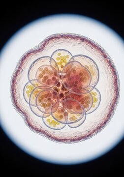 Scientific visualization of a developing embryo at the blastocyst stage showing complex cellular division under a powerful microscope lens, biological, evolution, reproductive