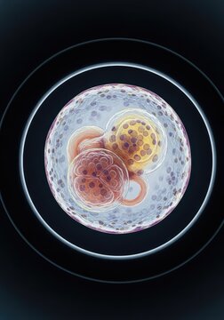 Scientific visualization of a developing embryo at the blastocyst stage showing complex cellular division under a powerful microscope lens, physiology, blastocoel, detailed