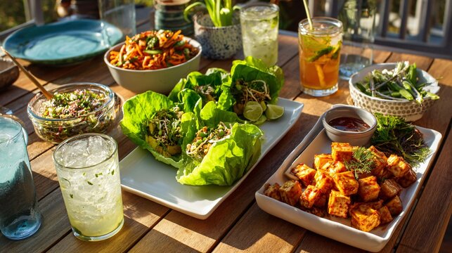 A lifestyle lunch table flat lay with tofu lettuce wraps, herbal drinks, and side dishes arranged naturally under warm daylight