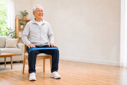 自宅でゴムバンドを使って膝を開く運動をする高齢男性