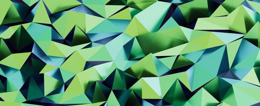 Dynamic abstract geometric background featuring many triangles and polygons in varying green and blu