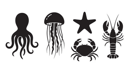 Black sea animal silhouettes set, octopus and jellyfish vector icons, starfish crab and lobster marine life collection for seafood restaurant branding © Naveed
