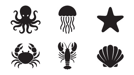 Marine life silhouette icons set, black sea animal vector collection, octopus and crab symbols, 6 aquatic creature elements for nautical design © Naveed