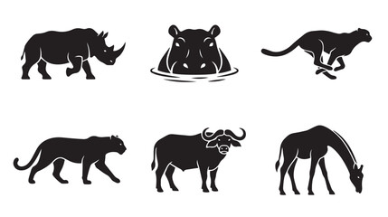 African safari animal silhouettes, set of 6 black vector icons including rhino, hippo, cheetah, leopard, buffalo, and giraffe for wildlife conservation branding © Naveed