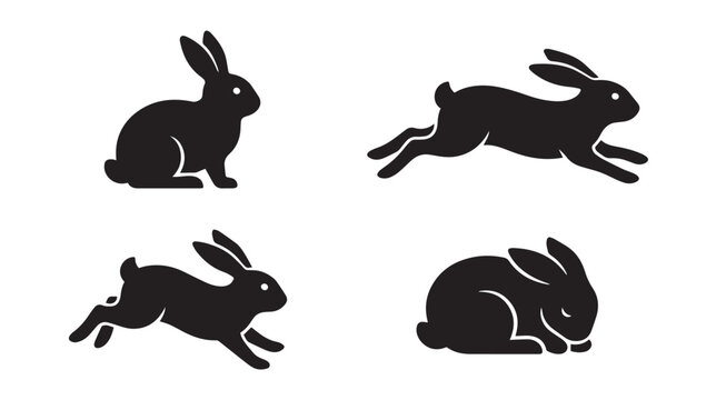 Minimalist rabbit silhouette collection, set of 4 black bunny icons in jumping and sitting poses, flat vector hare illustrations for logo design