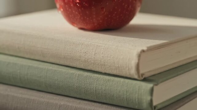 Red apple covered in water drops resting on a stack of linen bound books. Still life composition featuring fruit, literature and educational reading material concept