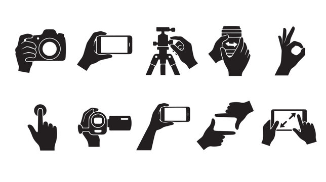 Black silhouette photography icons, set of 10 hand gestures with camera and smartphone, videography and mobile device interaction vector elements