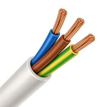 Close-up of a three-core electrical cable with exposed copper wires.